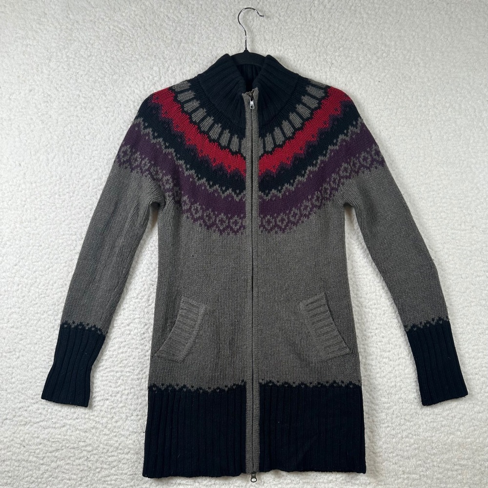 Aqua Nordic Fair Isle Cashmere Wool Cardigan Womens Sweater XS Zip Front Winter